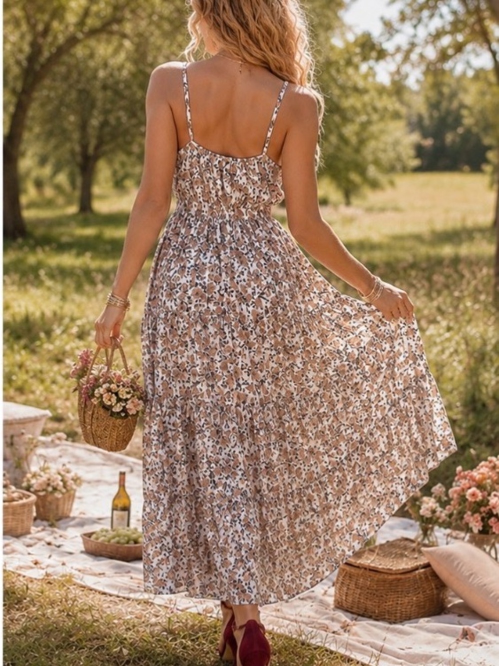 Sunlit Floral Tiered Maxi Dress in White and Tan - Picture 2 of 13